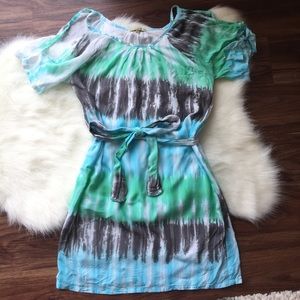 Tie dye cold shoulder summer dress.